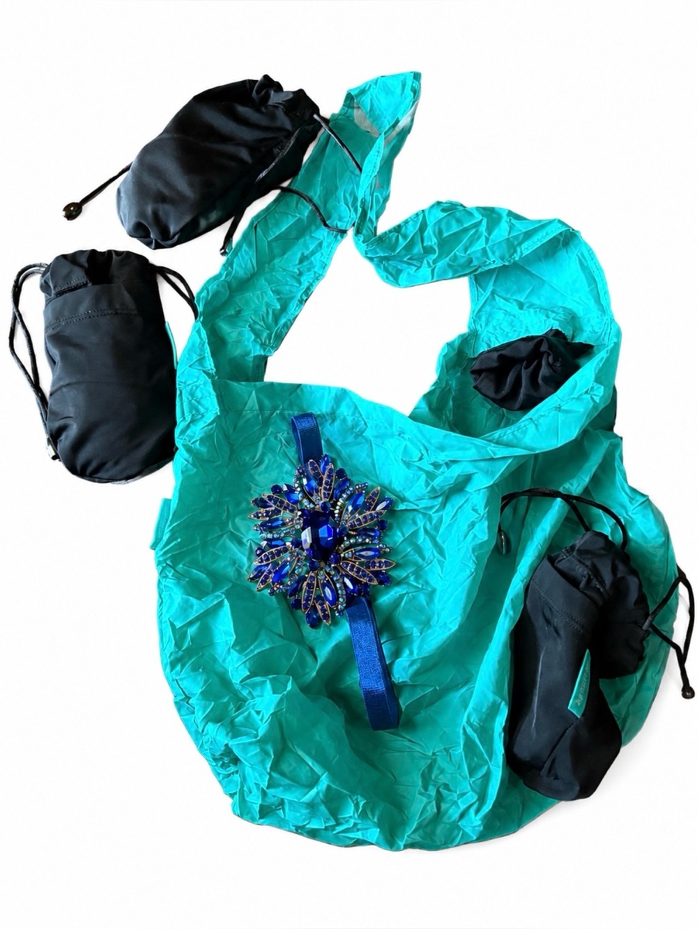 Tieks Turquoise Reusable Tote Bags with Decorative Blue Brooch